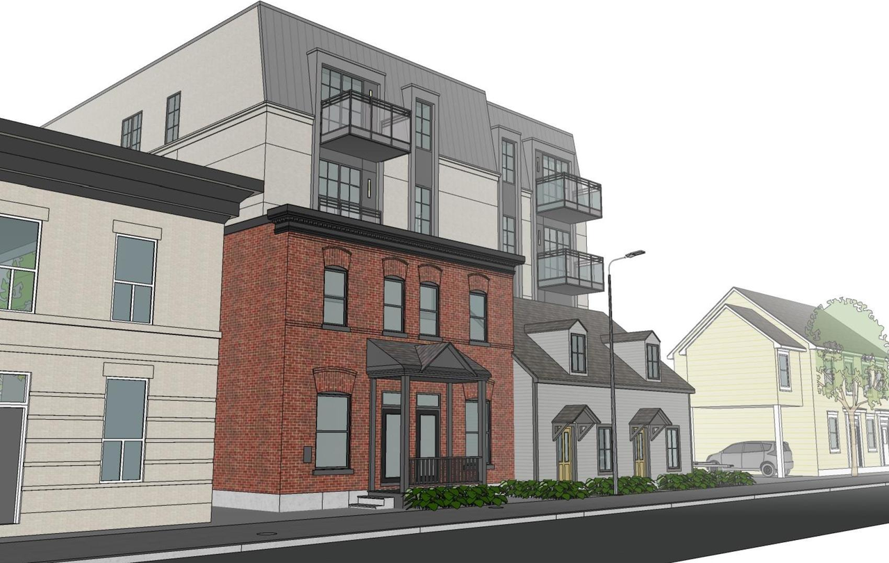 Rendering of building from page 1 of the file '2022-03-01 - Planning Rationale & Design Brief - D02-02-22-0020'