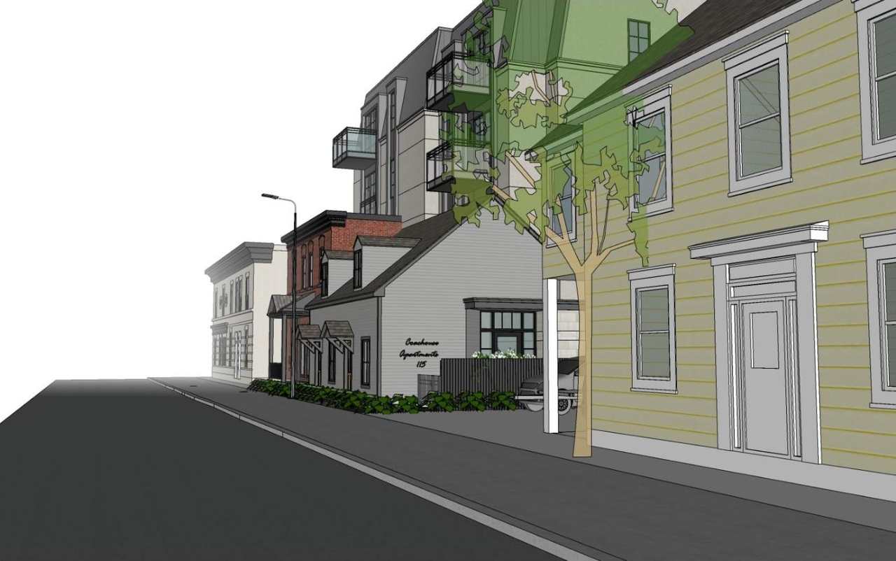 Rendering of building from page 17 of the file '2022-03-01 - Planning Rationale & Design Brief - D02-02-22-0020'