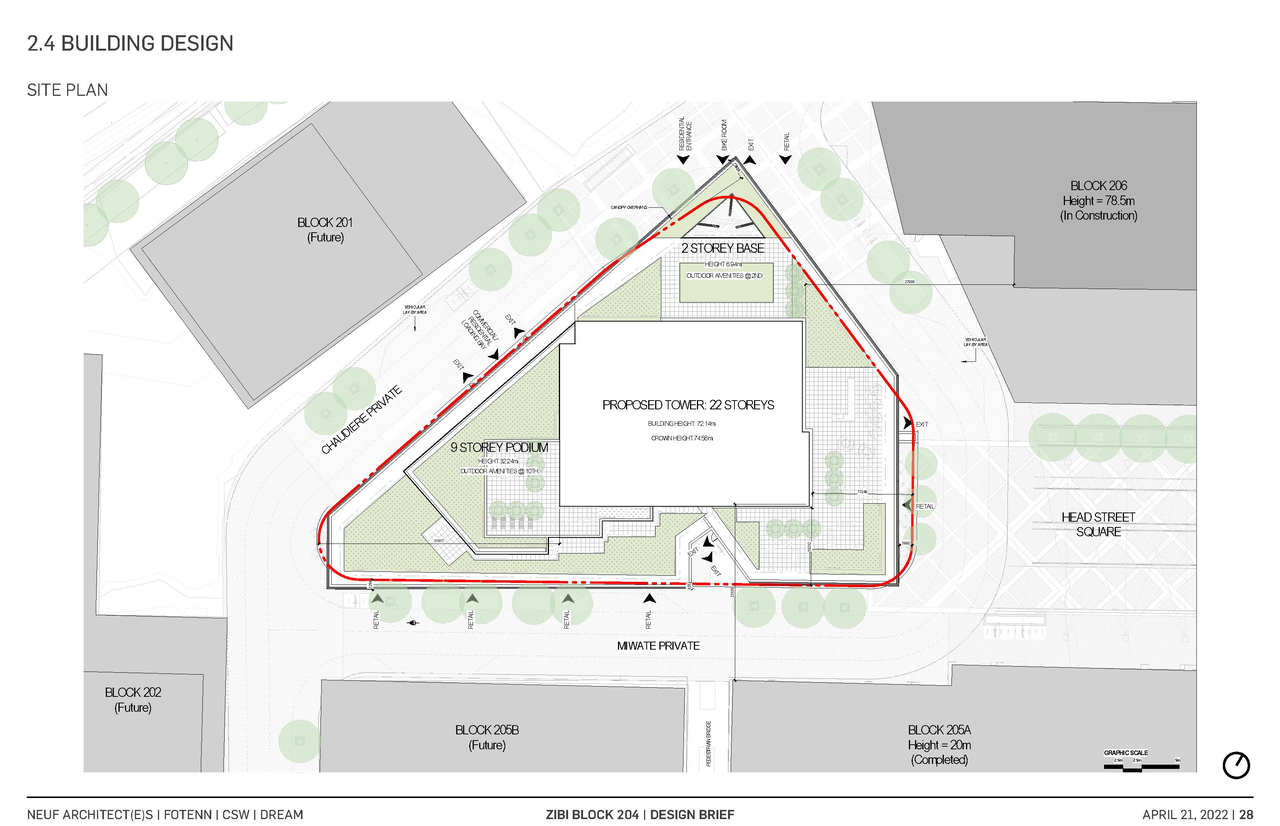Construction site plan for project from page 28 of the file '2022-04-27 - Architectural Design Brief - D02-02-22-0040'