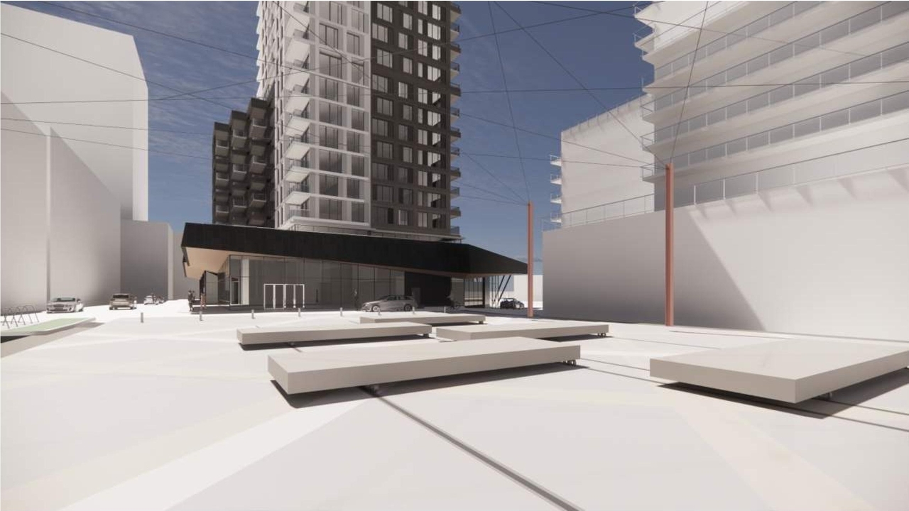 Rendering of building from page 53 of the file '2022-04-27 - Architectural Design Brief - D02-02-22-0040'