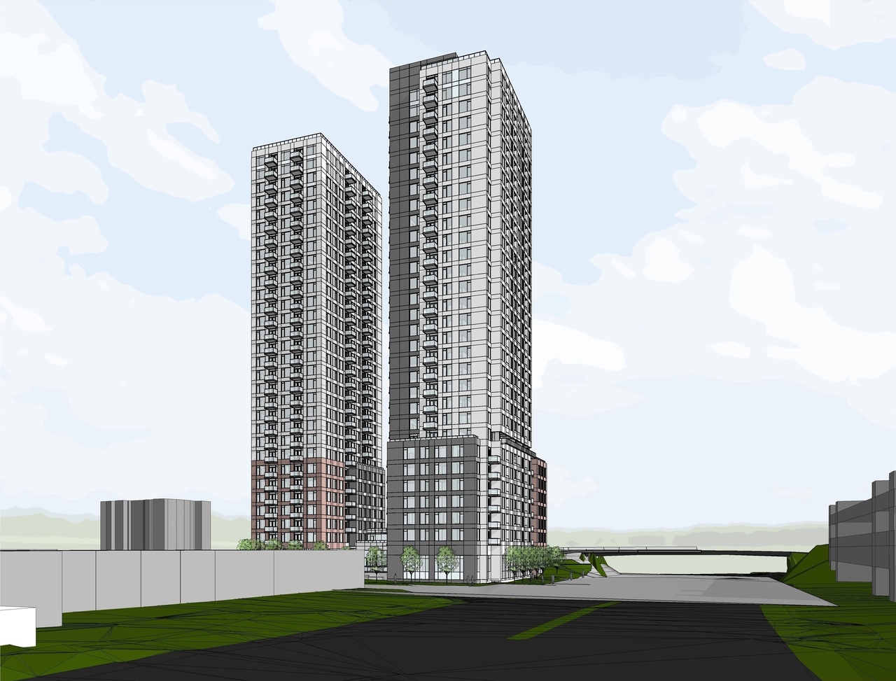Rendering of building from page 16 of the file '2023-05-09 - Floor, Elevations, Materials, Perspectives Plans - D02-02-22-0051'