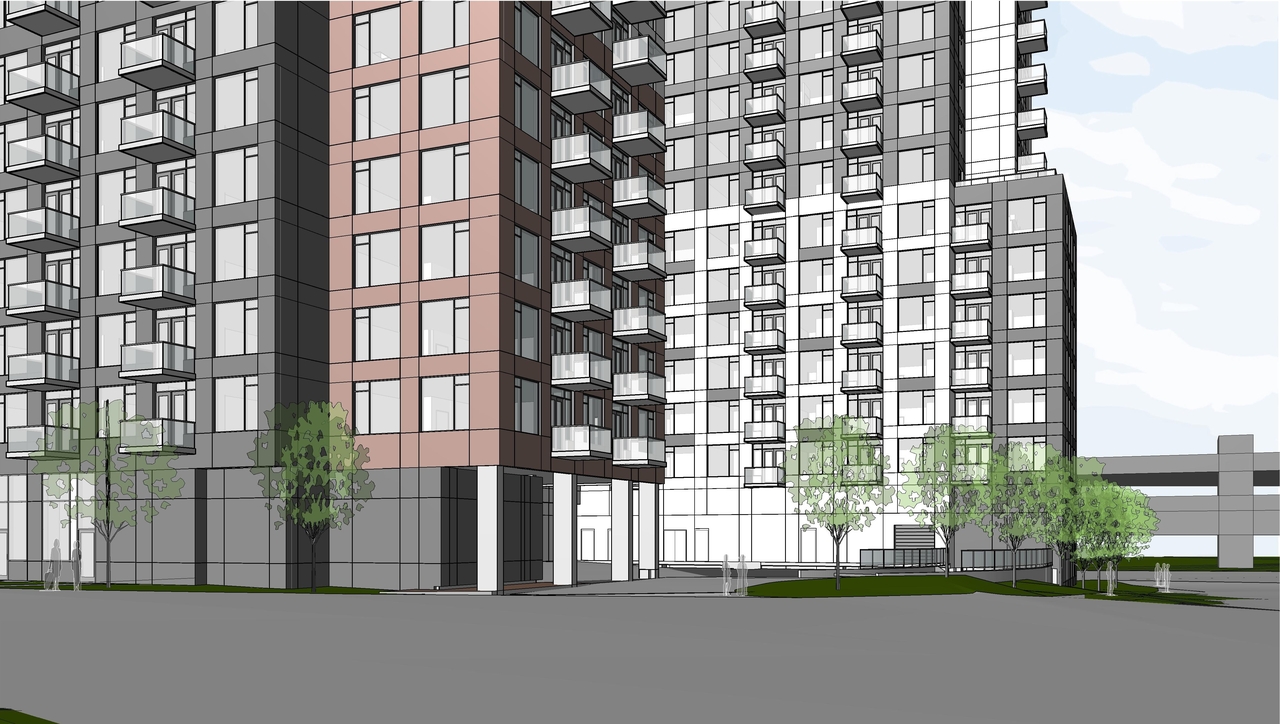 Rendering of building from page 17 of the file '2023-05-09 - Floor, Elevations, Materials, Perspectives Plans - D02-02-22-0051'