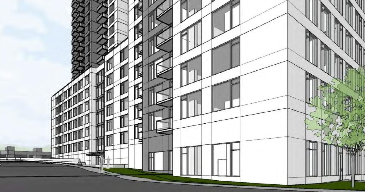 Rendering of building from page 14 of the file '2022-06-21 - Planning Rationale & Design Brief - D02-02-22-0051'