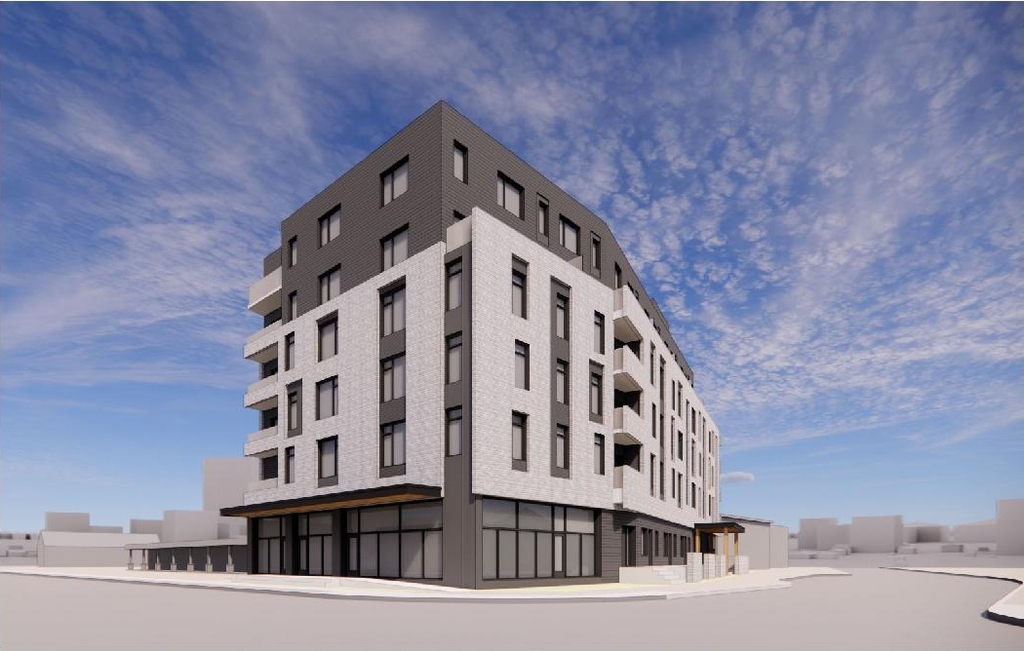Rendering of building from page 6 of the file '2022-06-23 - Design Brief - D02-02-22-0058'