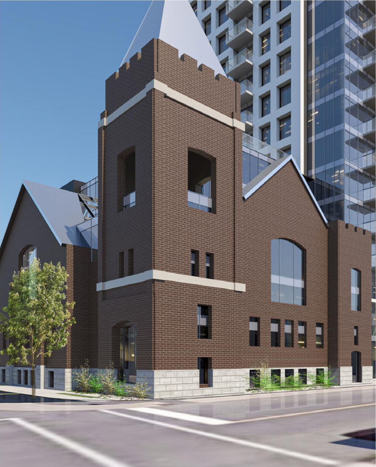 Rendering of building from page 54 of the file '2023-06-07 - Design Brief and Plans - D02-02-22-0082'
