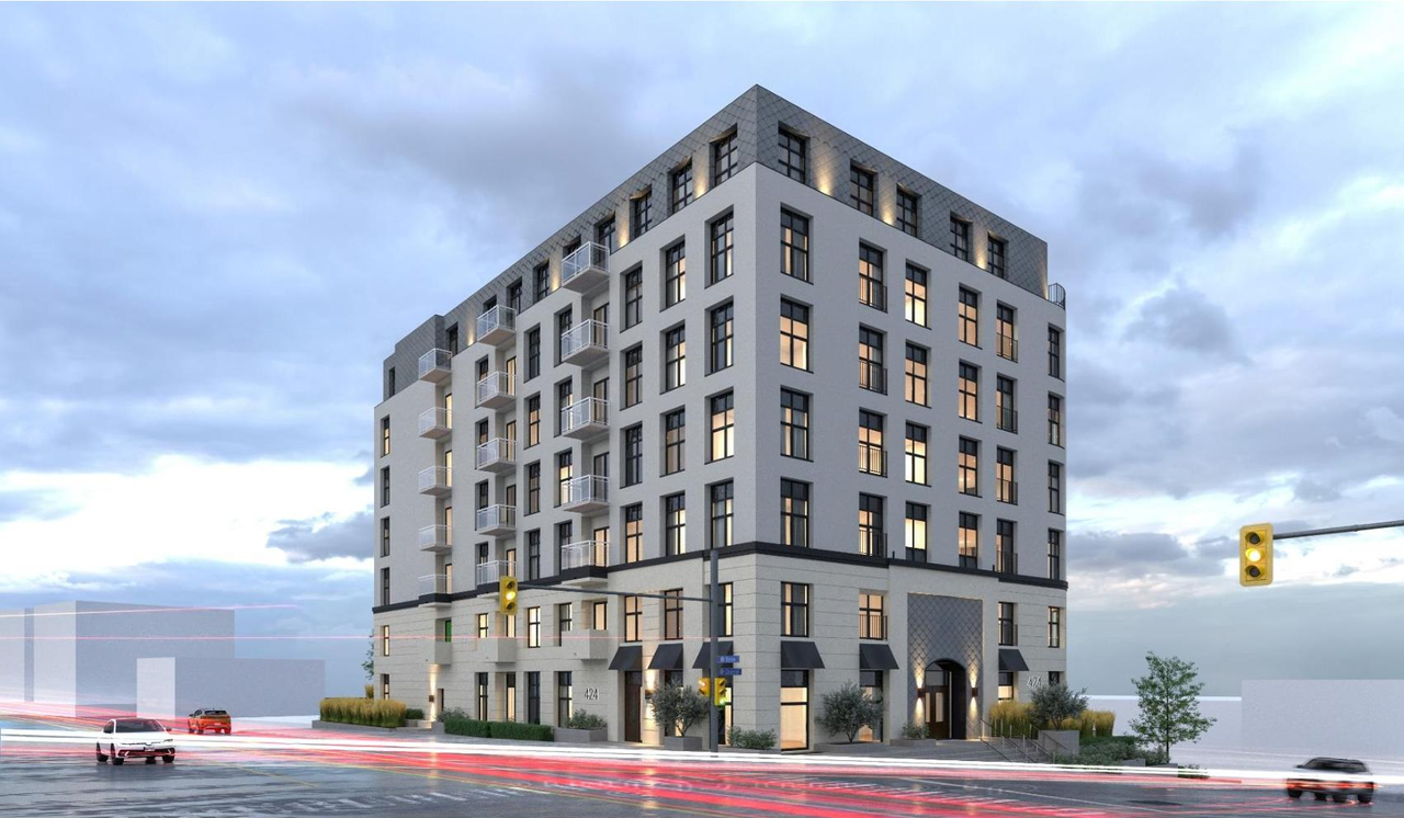 Rendering of building from page 1 of the file '2022-10-25 - Planning Rationale and Design Brief -D02-02-22-0098'