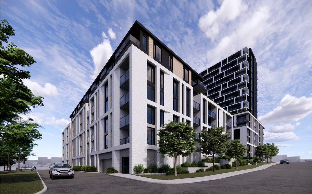 Rendering of building from page 14 of the file '2025-04-11 - Urban Design Brief - D02-02-22-0125'