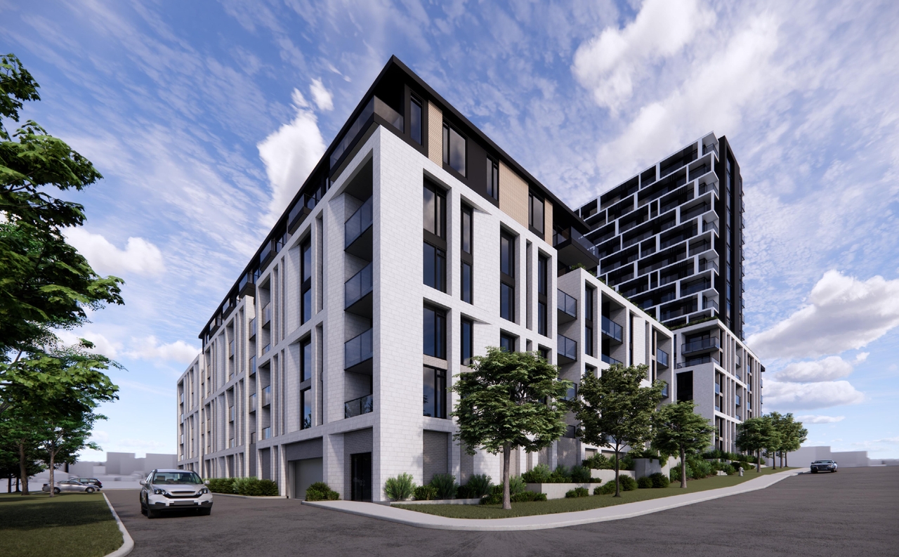 Rendering of building from page 14 of the file '2025-04-11 - Urban Design Brief - D02-02-22-0125'