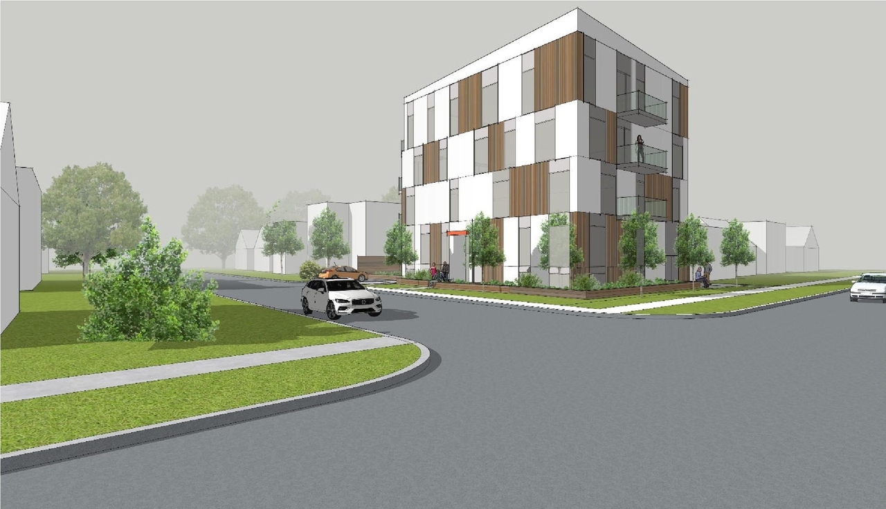 Rendering of building from page 5 of the file '2023-01-30 - Design Brief - D02-02-23-0007'