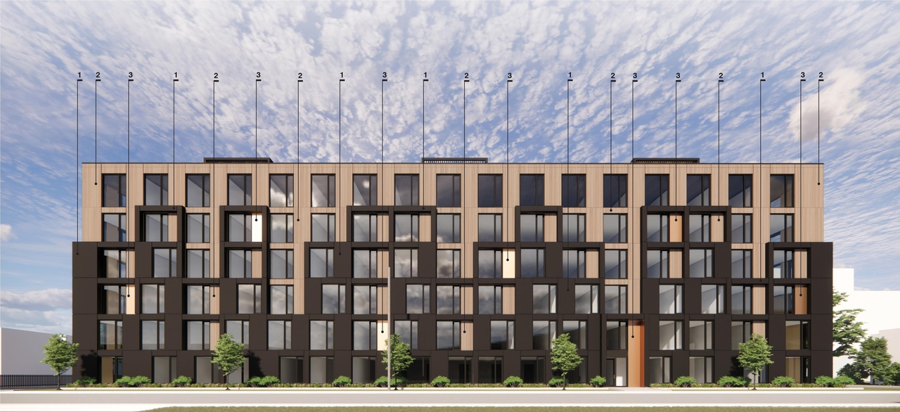 Rendering of building from page 11 of the file '2023-05-01 - Design Brief - D02-02-23-0031'