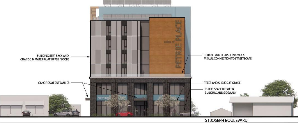 Rendering of building from page 11 of the file '2023-05-15 - Design Brief - D02-02-23-0039'