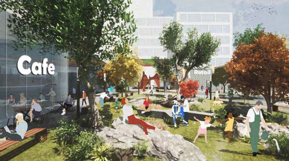 Rendering of building from page 16 of the file '2023-05-29 - Planning Rationale and Design Brief - D02-02-23-0042'