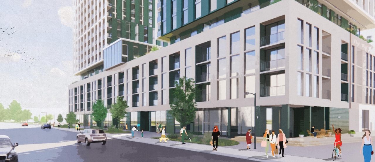 Rendering of building from page 5 of the file '2023-06-27 - Design Brief - D02-02-23-0051'