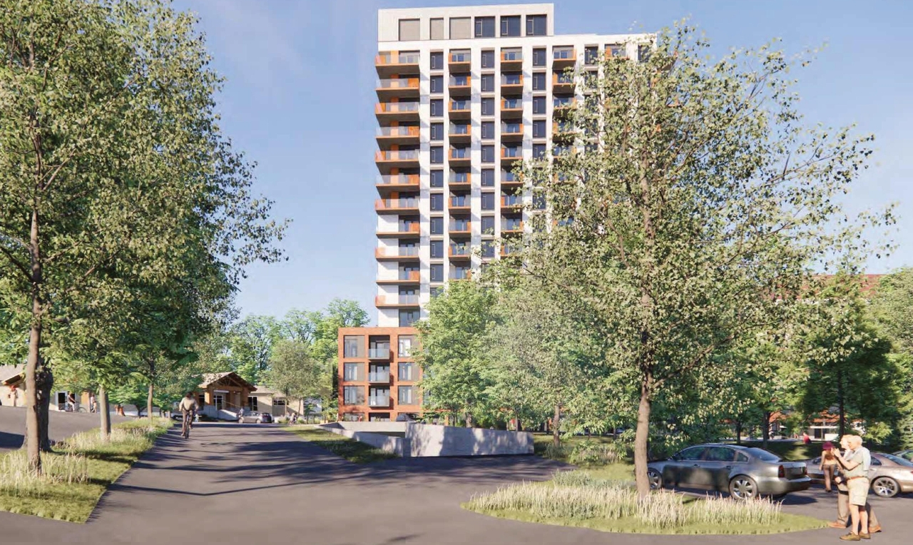 Rendering of building from page 5 of the file '2024-06-21 - Design Brief - D02-02-23-0076'