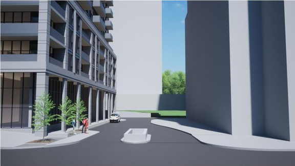 Rendering of building from page 29 of the file '2024-06-19 - Design Brief - D02-02-24-0017'