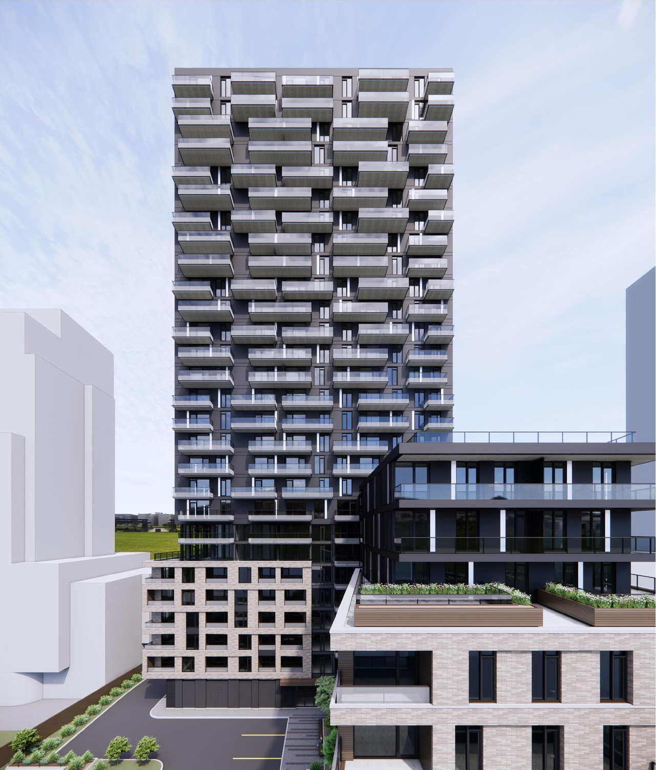 Rendering of building from page 10 of the file '2025-01-24 - Design Brief - D02-02-24-0032'