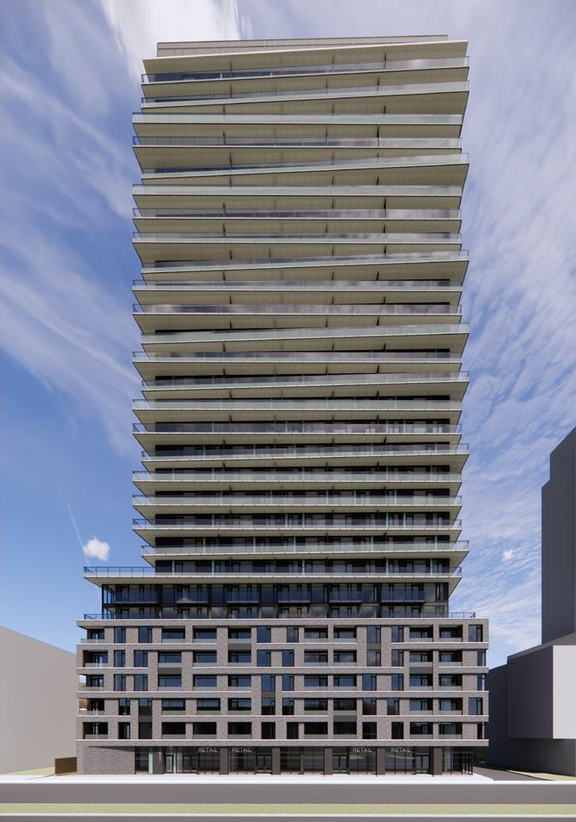 Rendering of building from page 15 of the file '2025-01-24 - Design Brief - D02-02-24-0032'