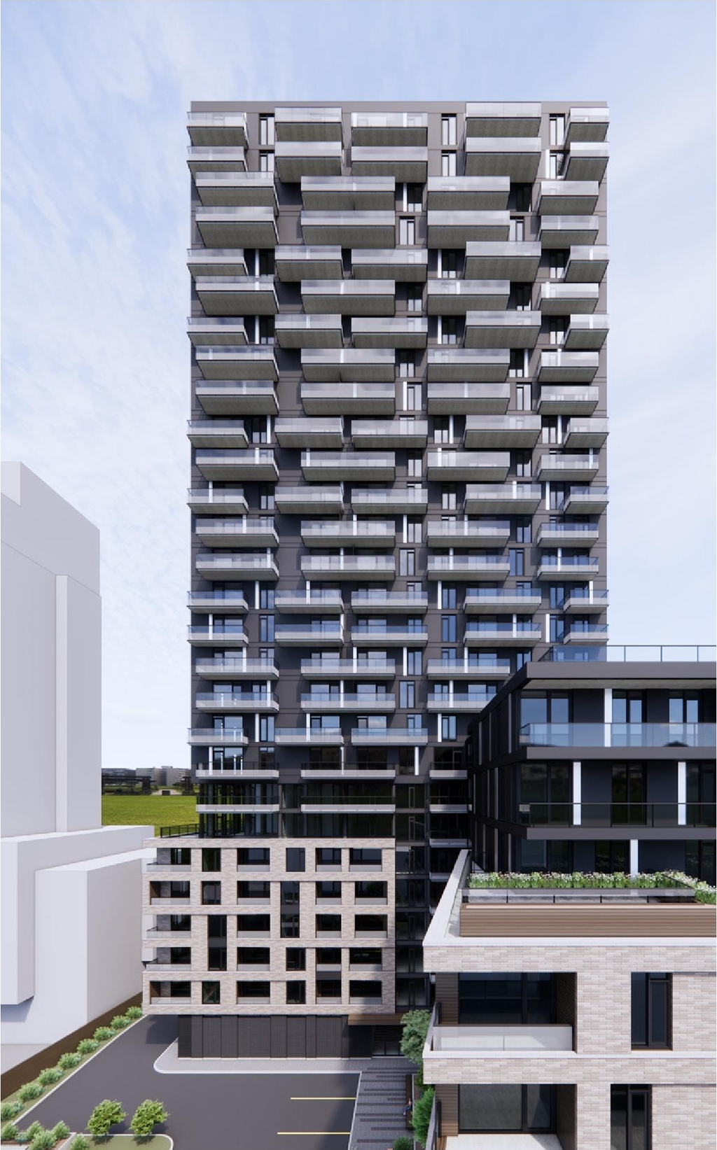 Rendering of building from page 31 of the file '2025-01-24 - Design Brief - D02-02-24-0032'