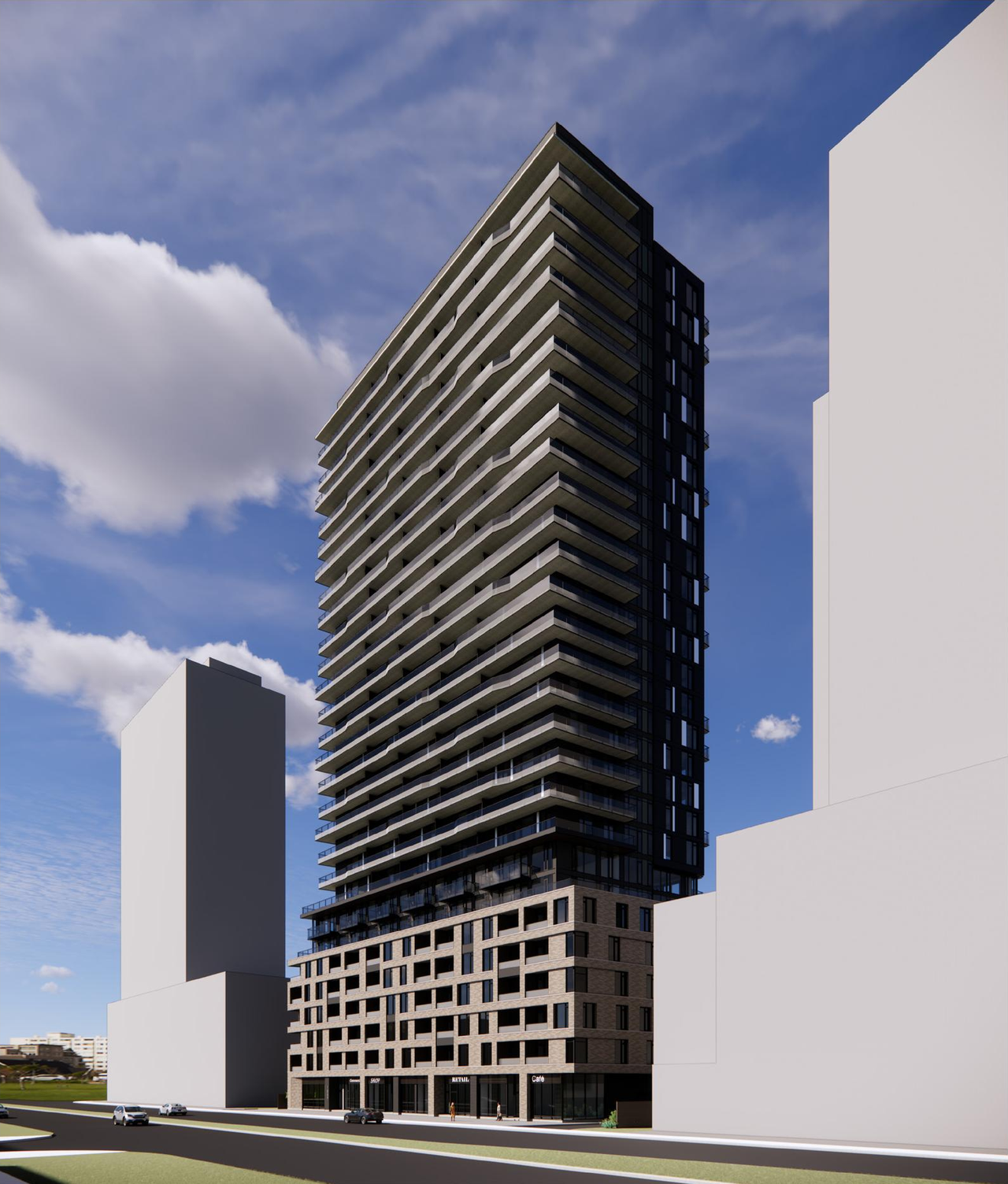 Rendering of building from page 7 of the file '2025-01-24 - Design Brief - D02-02-24-0032'