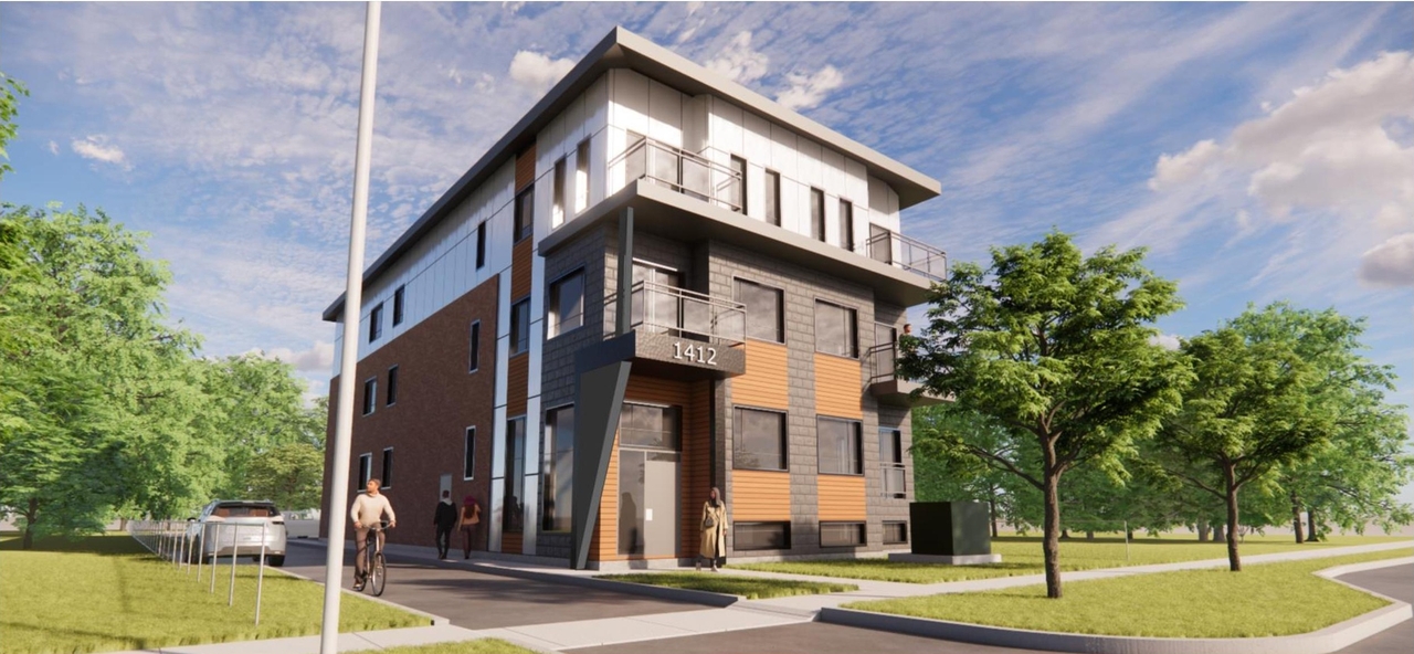 Rendering of building from page 4 of the file '2025-04-11 - Urban Design Brief Rev1 - D02-02-24-0035'