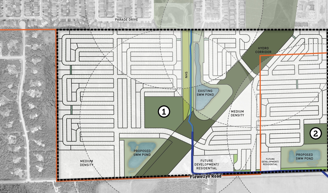 Construction site plan for project from page 43 of the file '2025-05-23 - Stittsville South Urban Design Brief - D02-02-24-0042'
