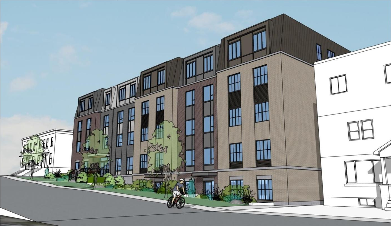 Rendering of building from page 12 of the file '2025-02-21 - Planning Rationale & Design Brief - D02-02-25-0013'