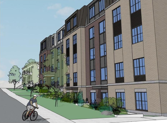 Rendering of building from page 31 of the file '2025-02-21 - Planning Rationale & Design Brief - D02-02-25-0013'