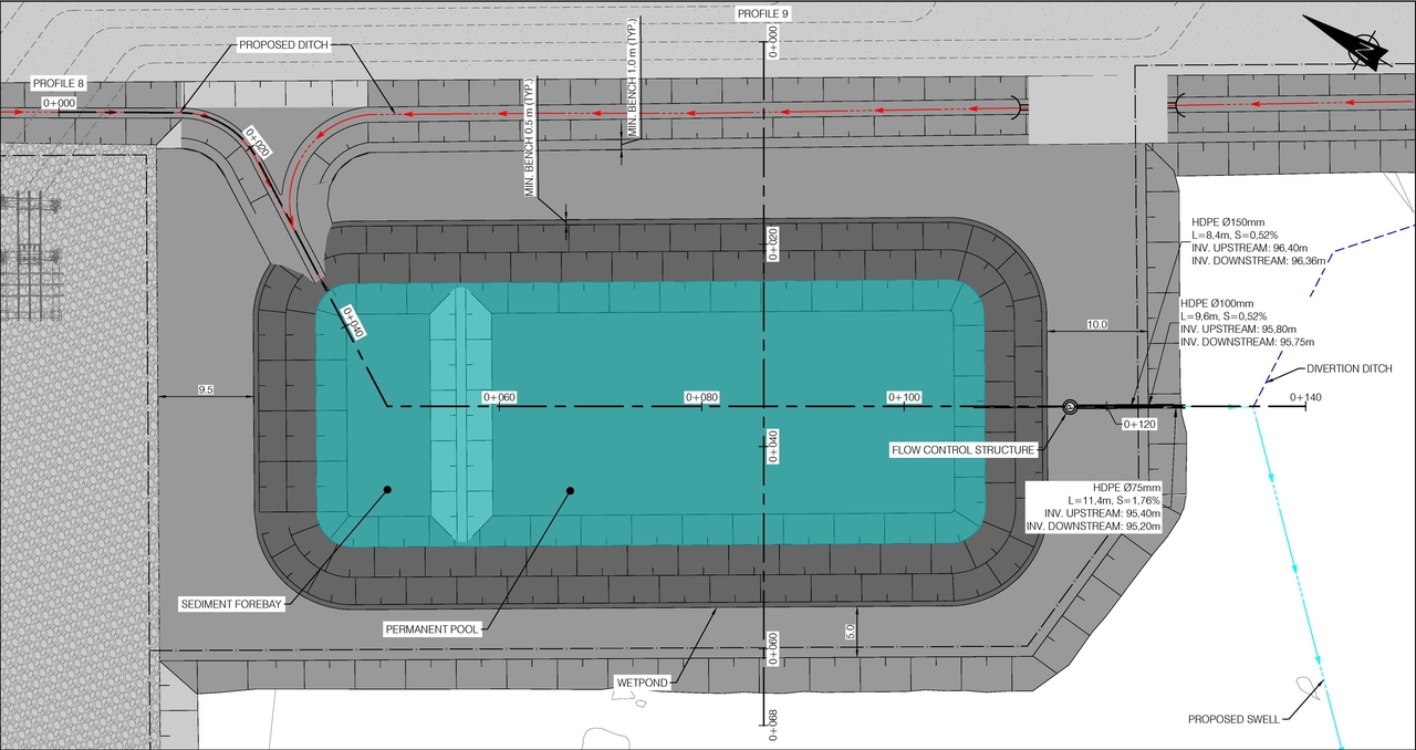 Construction site plan for project from page 1 of the file '2025-05-16 - Retention Pond Views and Section - D02-02-25-0030'
