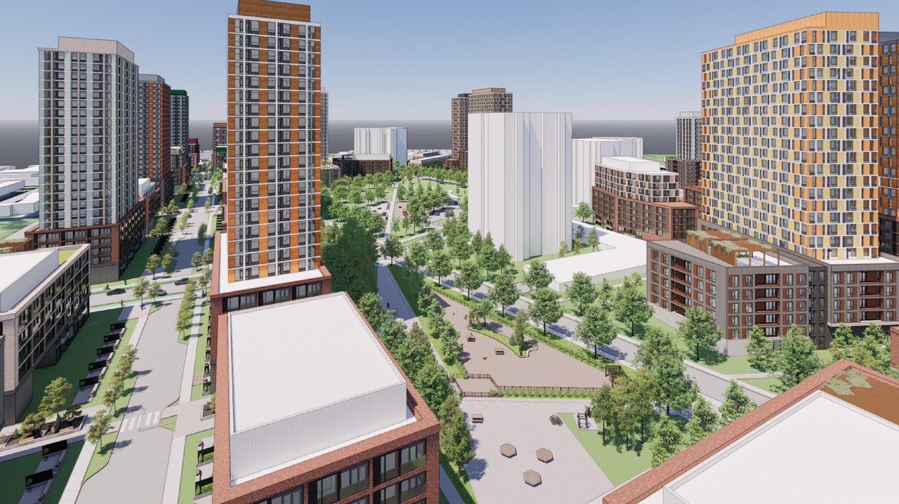 Rendering of building from page 46 of the file '2025-08-08 - Urban Design Brief - D02-02-25-0056'