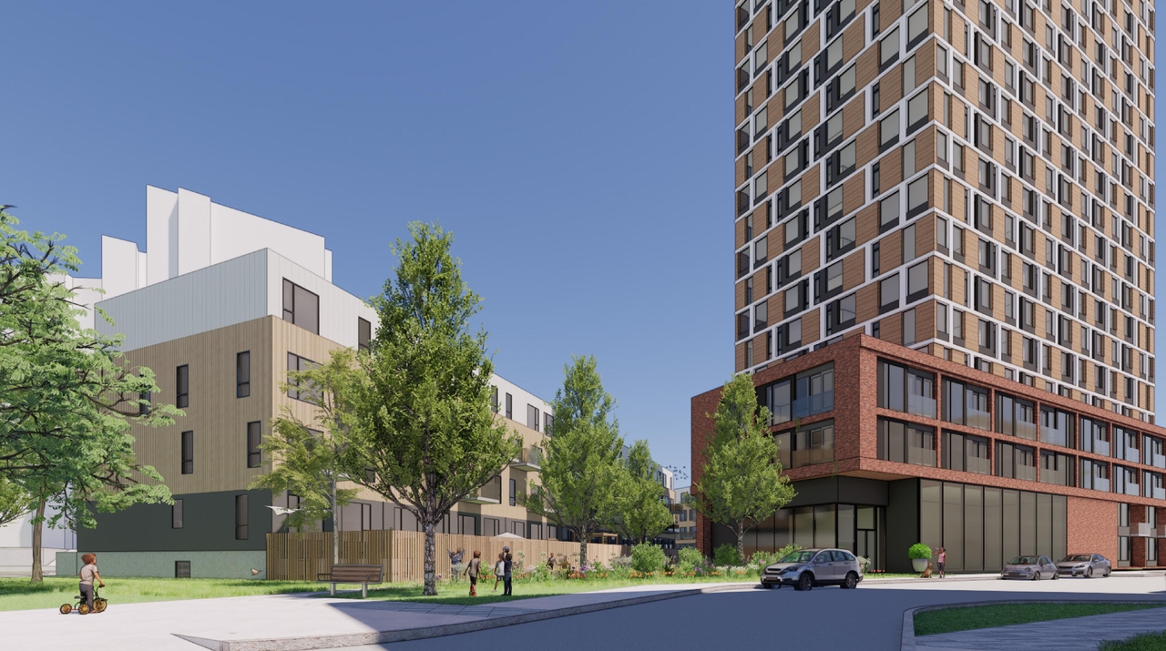 Rendering of building from page 48 of the file '2025-08-08 - Urban Design Brief - D02-02-25-0056'