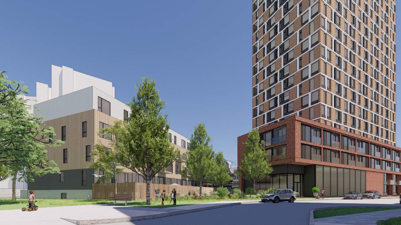 Rendering of building from page 48 of the file '2025-08-08 - Urban Design Brief - D02-02-25-0056'