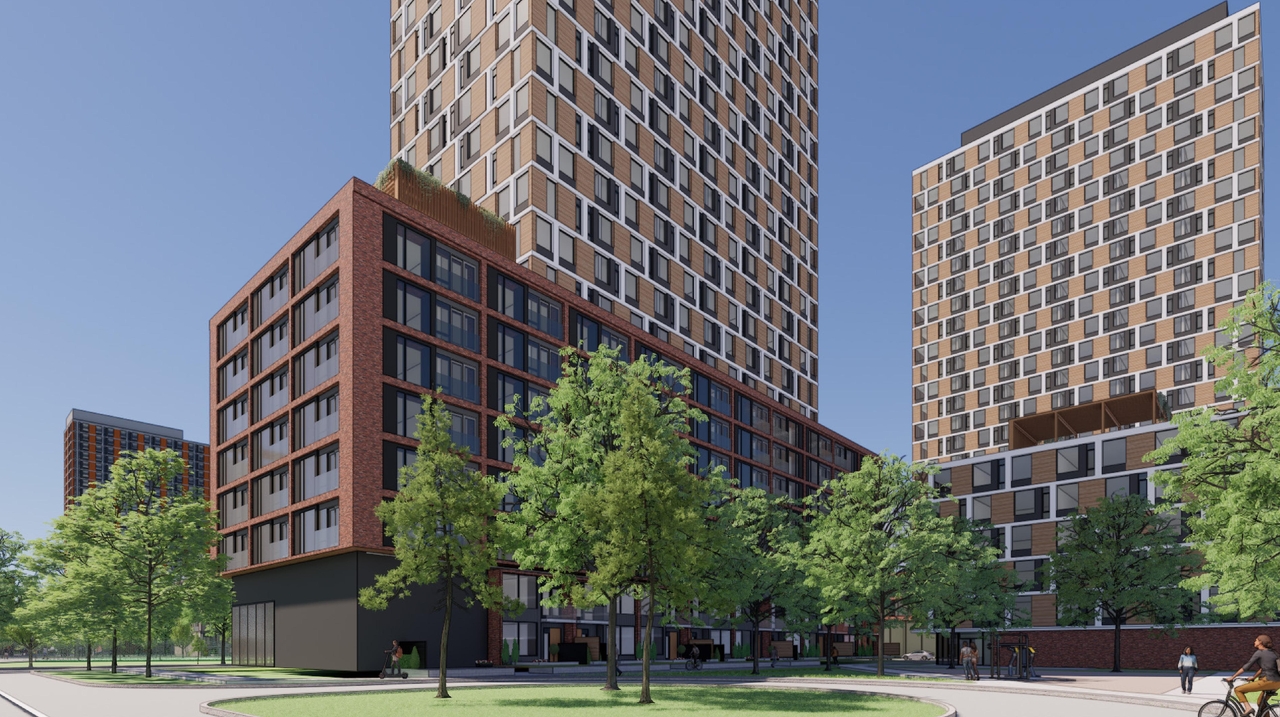 Rendering of building from page 52 of the file '2025-08-08 - Urban Design Brief - D02-02-25-0056'