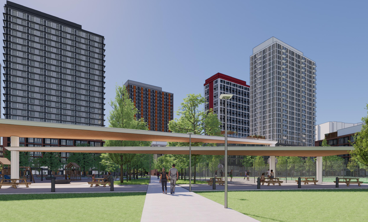 Rendering of building from page 70 of the file '2025-08-08 - Urban Design Brief - D02-02-25-0056'