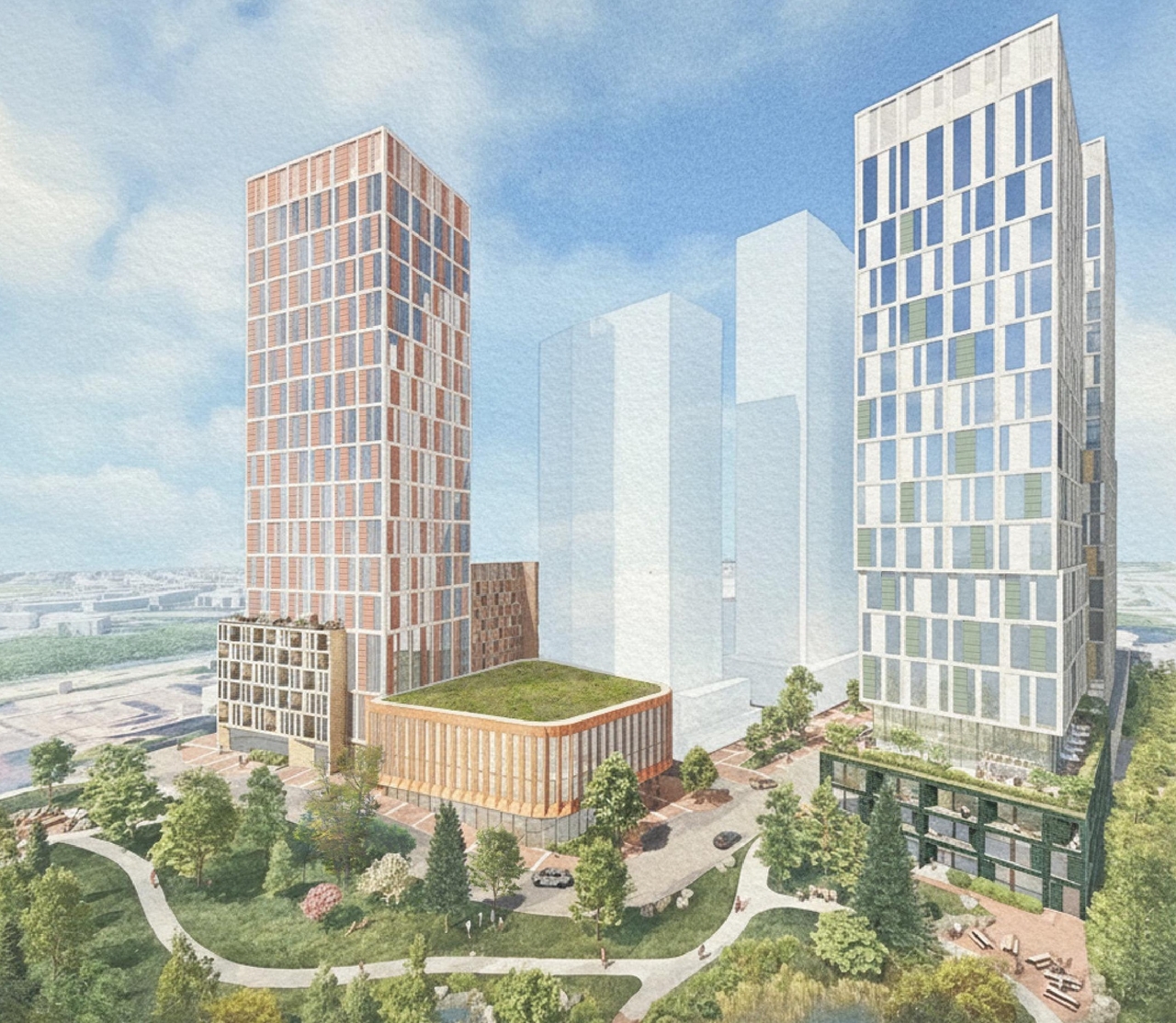 Rendering of building from page 67 of the file '2025-12-22 - Urban Design Brief - D02-02-25-0101'