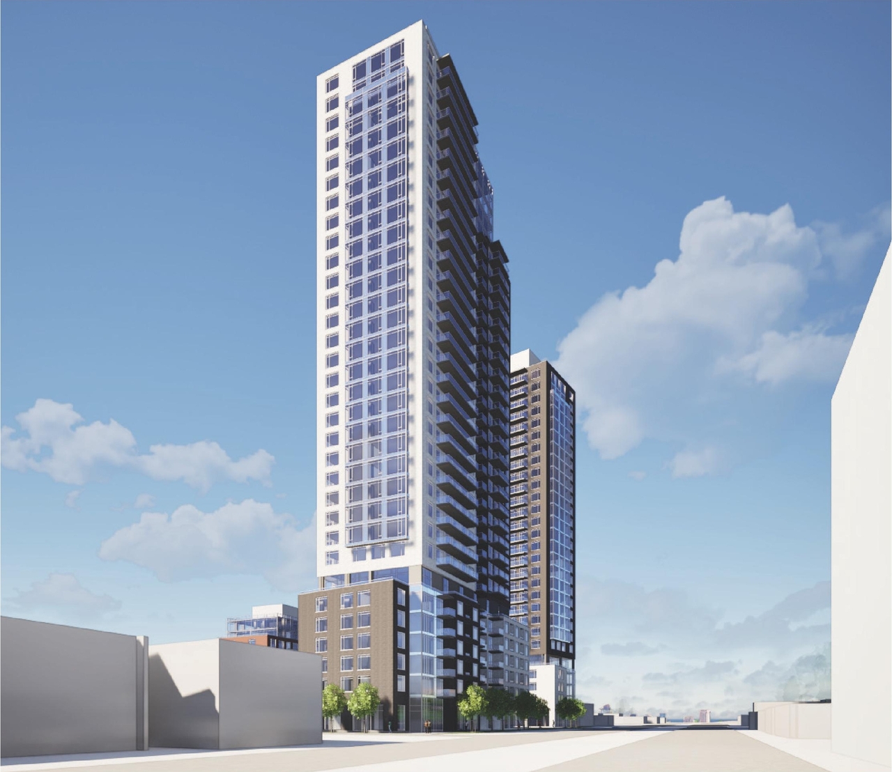 Rendering of building from page 1 of the file '2026-02-10 - Urban Design Brief - D07-12-26-0013 & D02-02-26-0011'