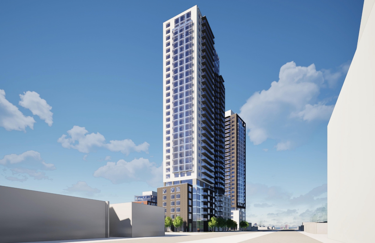 Rendering of building from page 34 of the file '2026-02-10 - Urban Design Brief - D07-12-26-0013 & D02-02-26-0011'