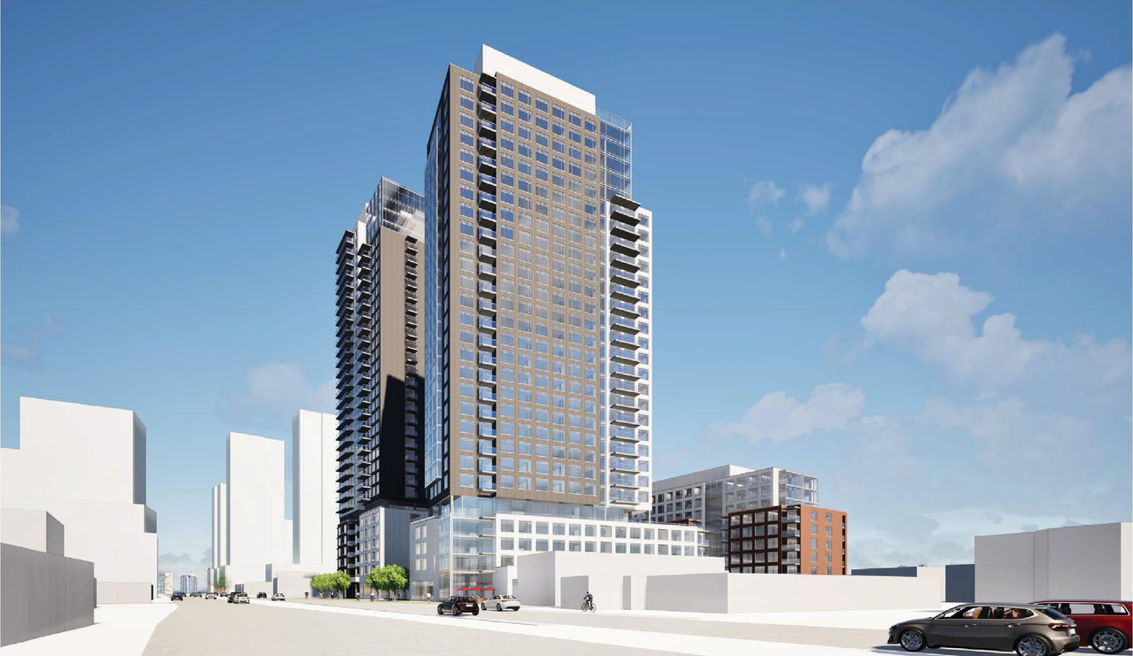 Rendering of building from page 35 of the file '2026-02-10 - Urban Design Brief - D07-12-26-0013 & D02-02-26-0011'