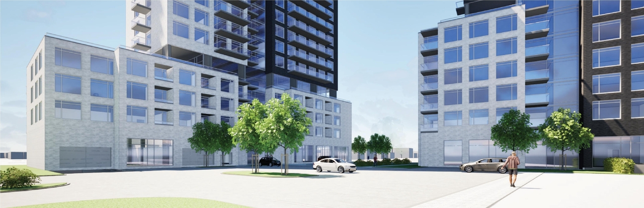 Rendering of building from page 37 of the file '2026-02-10 - Urban Design Brief - D07-12-26-0013 & D02-02-26-0011'