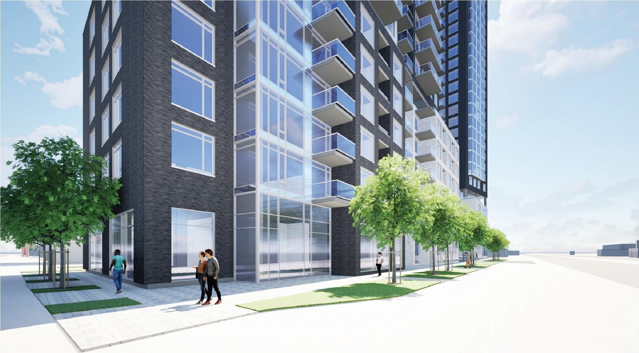 Rendering of building from page 37 of the file '2026-02-10 - Urban Design Brief - D07-12-26-0013 & D02-02-26-0011'