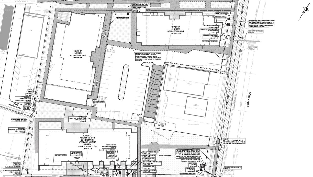 Construction site plan for project from page 45 of the file '2026-02-10 - Urban Design Brief - D07-12-26-0013 & D02-02-26-0011'