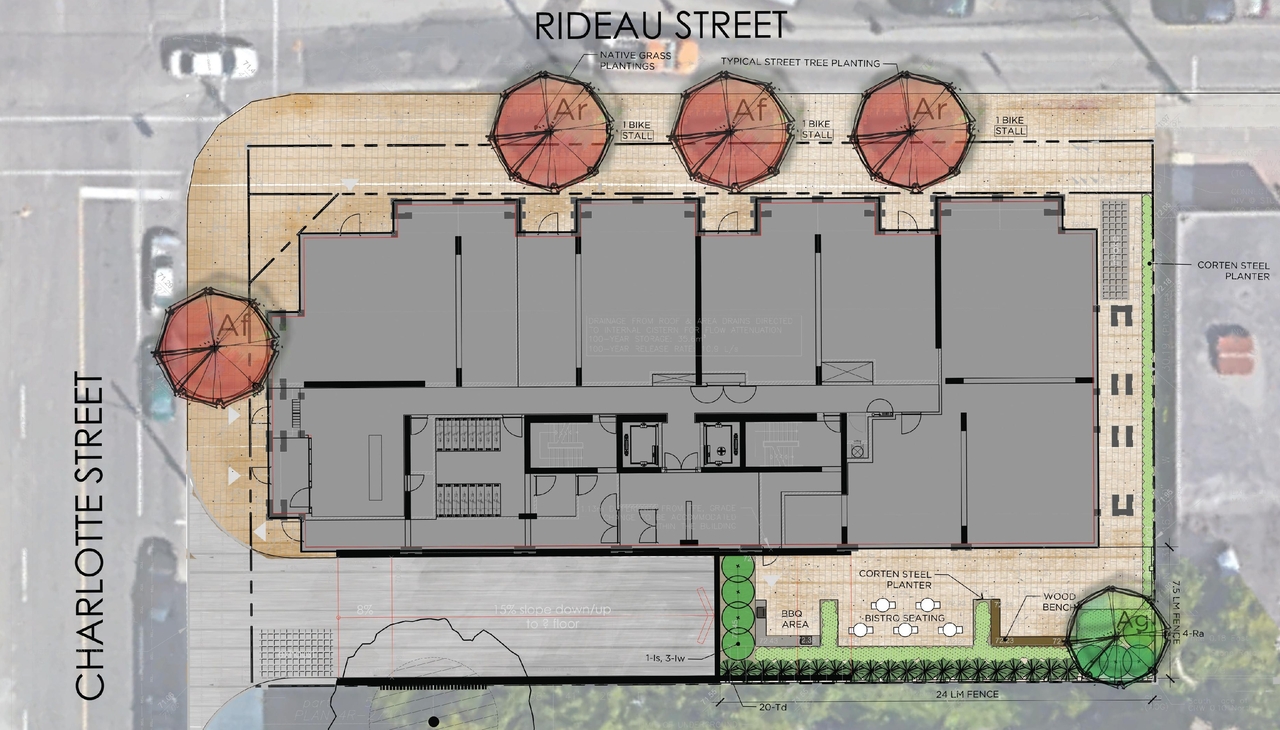 Construction site plan for project from page 29 of the file 'Urban Design Review Package_594 Rideau Street'