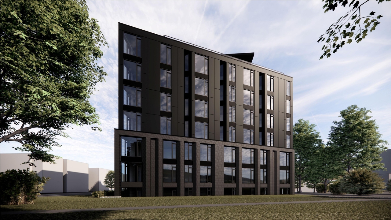 Rendering of building from page 13 of the file '2025-08-07 - Urban Design Brief - D07-12-17-0179'