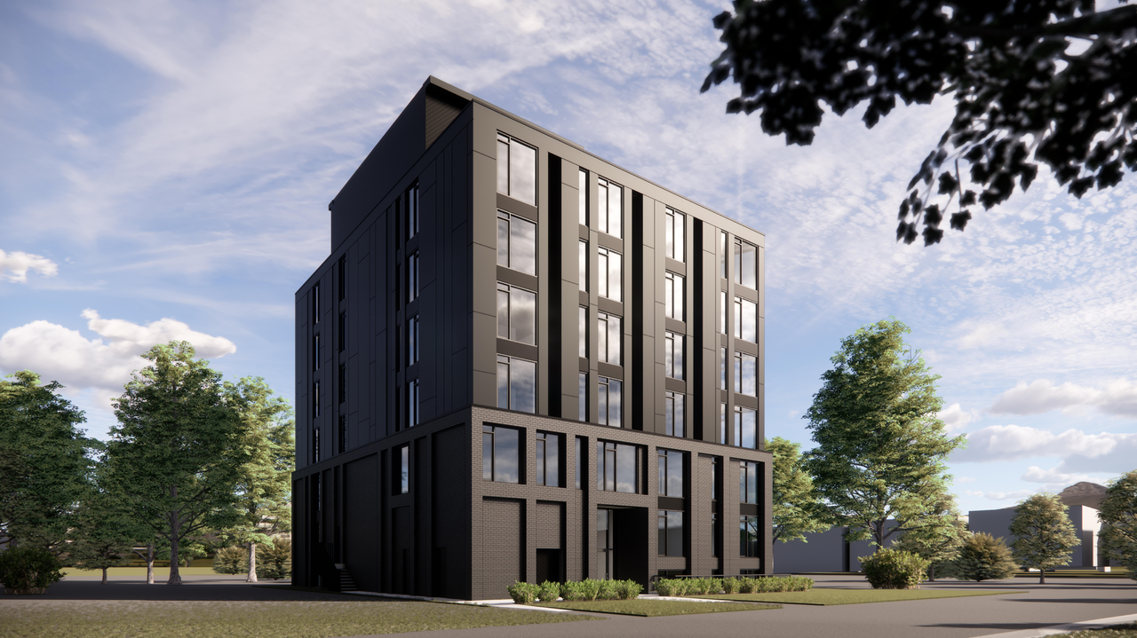 Rendering of building from page 1 of the file '2025-06-10 - View from SE - D07-12-17-0179'