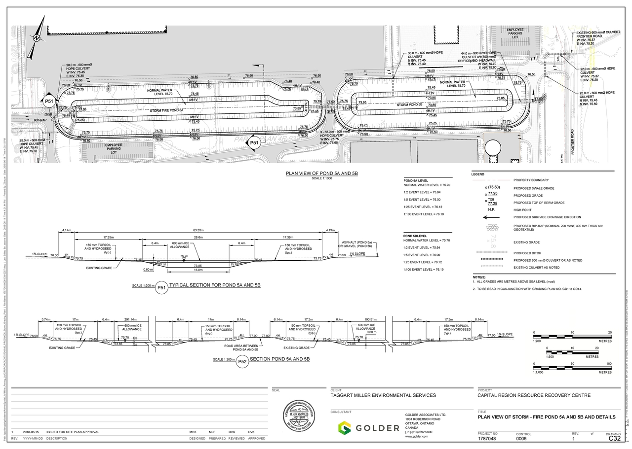 Construction site plan for project from page 1 of the file '2018-07-27 - PLAN VIEW OF STORM - FIRE POND 5A, 5B AND DETAILS - D07-12-18-0097'