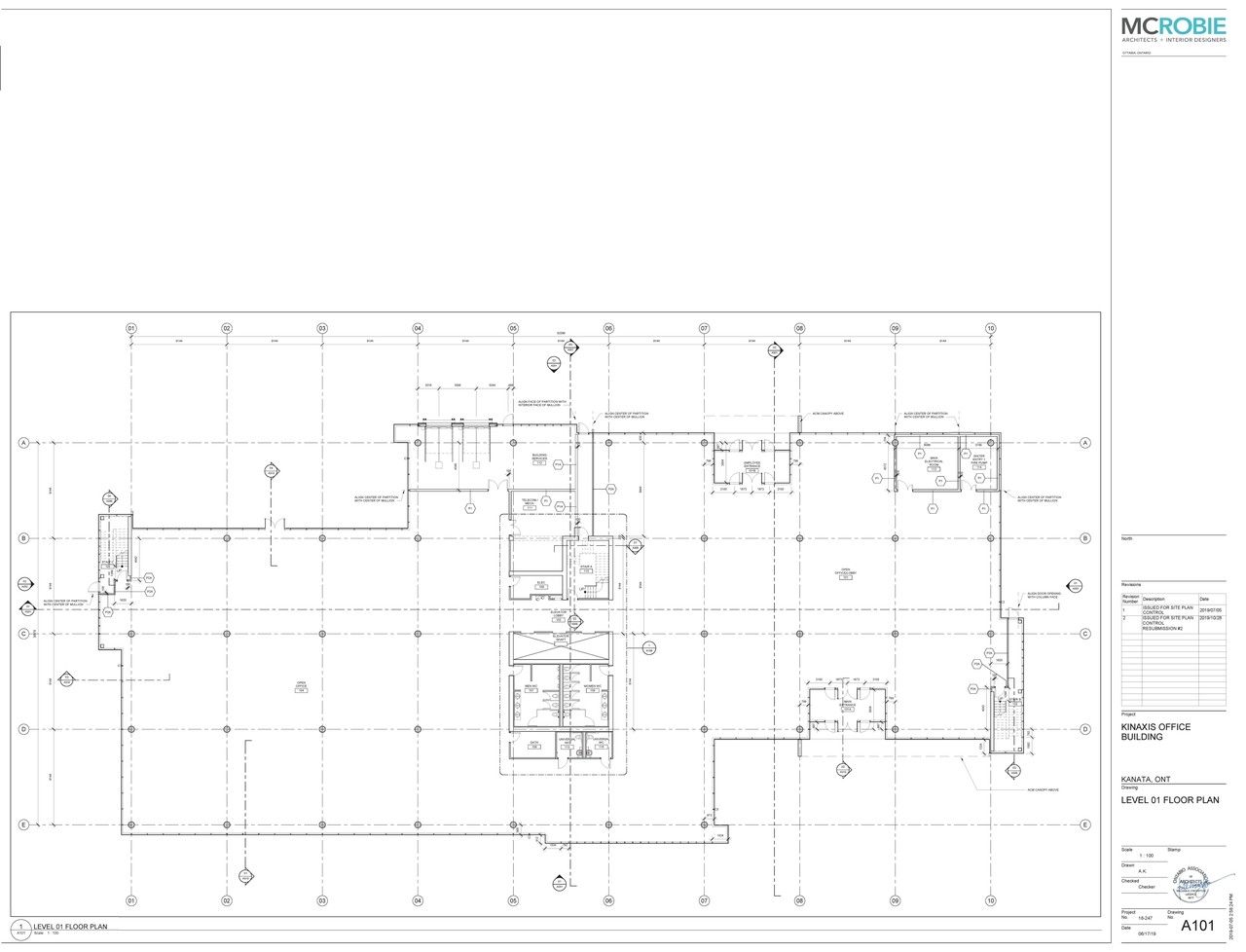 Construction site plan for project from page 1 of the file '2019-11-05 - Level 1 Floor Plan - D07-12-19-0122'