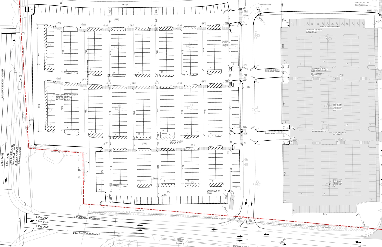 Construction site plan for project from page 3 of the file '2020-04-28 - Site Plans, Main Floor Plan, Elevations, Shuttle Bus Route Plan - D07-12-19-0191'