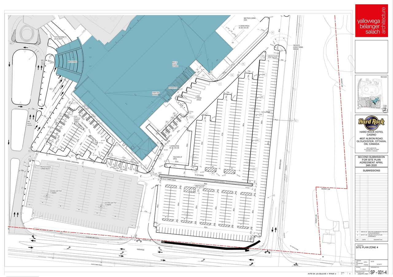 Construction site plan for project from page 6 of the file '2020-04-28 - Site Plans, Main Floor Plan, Elevations, Shuttle Bus Route Plan - D07-12-19-0191'