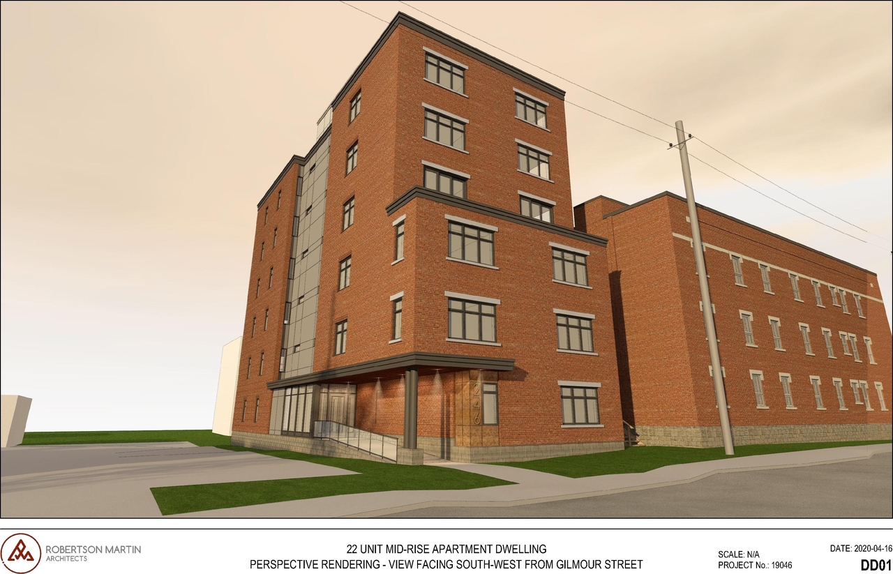 Rendering of building from page 1 of the file '2020-04-22 - REVISED Renderings - D07-12-19-0196'