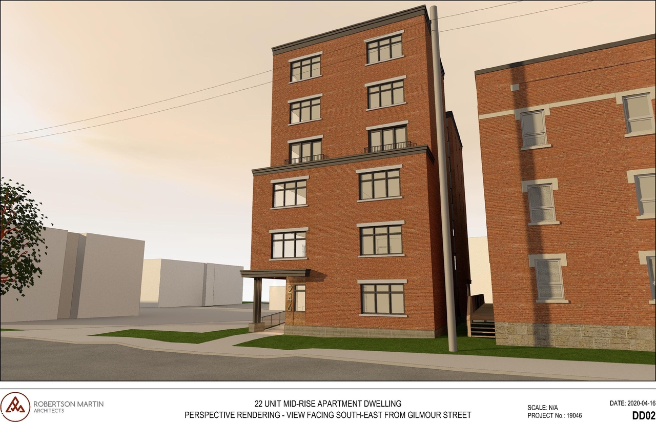 Rendering of building from page 2 of the file '2020-04-22 - REVISED Renderings - D07-12-19-0196'
