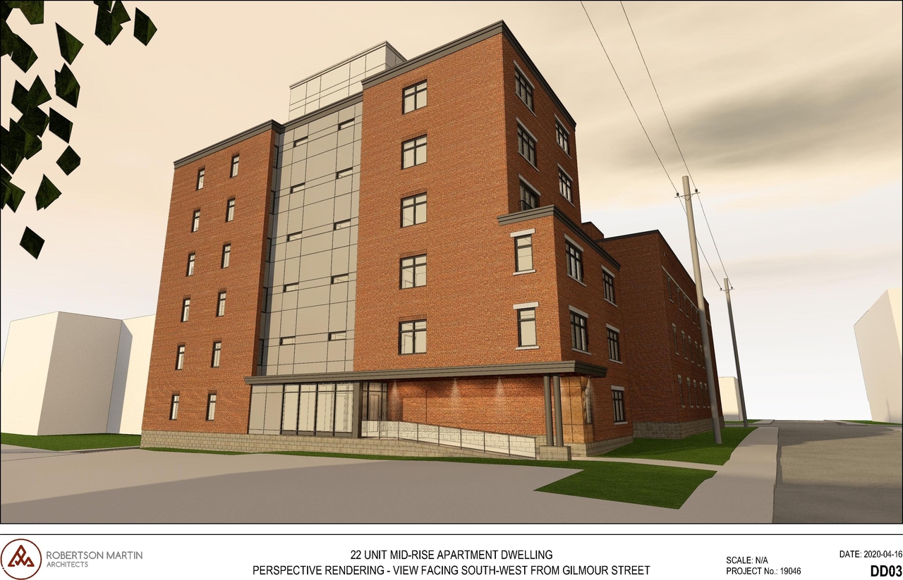 Rendering of building from page 3 of the file '2020-04-22 - REVISED Renderings - D07-12-19-0196'